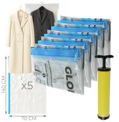 WORKI PRÓŻNIOWE WISZĄCE 140 x 70 CM ZESTAW 5 SZTUK + POMPKA GRATIS, NA UBRANIA, KURTKI, BLUZY, GARNITURY, DO SZAFY, GARAŻU, PIWNICY, NA STRYCH MOCNE GRUBE