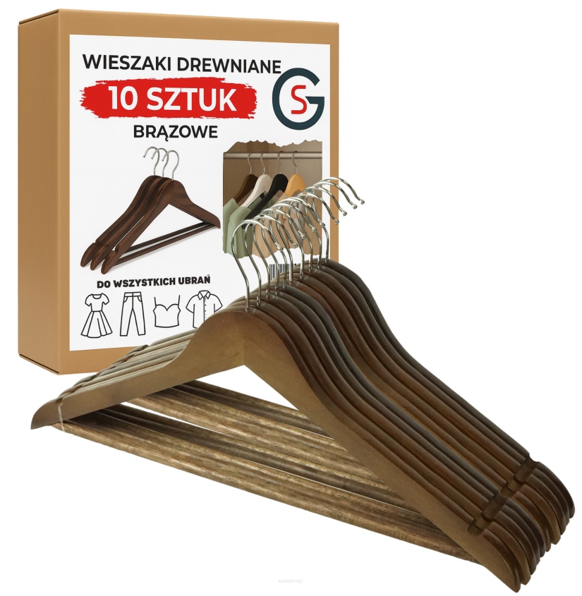 WIESZAK DREWNIANY BRĄZOWY NA UBRANIA ZESTAW X10 WIESZAKI DREWNIANE