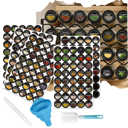 Zestaw 200 kolorowych etykiet na przyprawy i produkty używane w kuchni + lejek, marker i uchwyt do mycia butelek