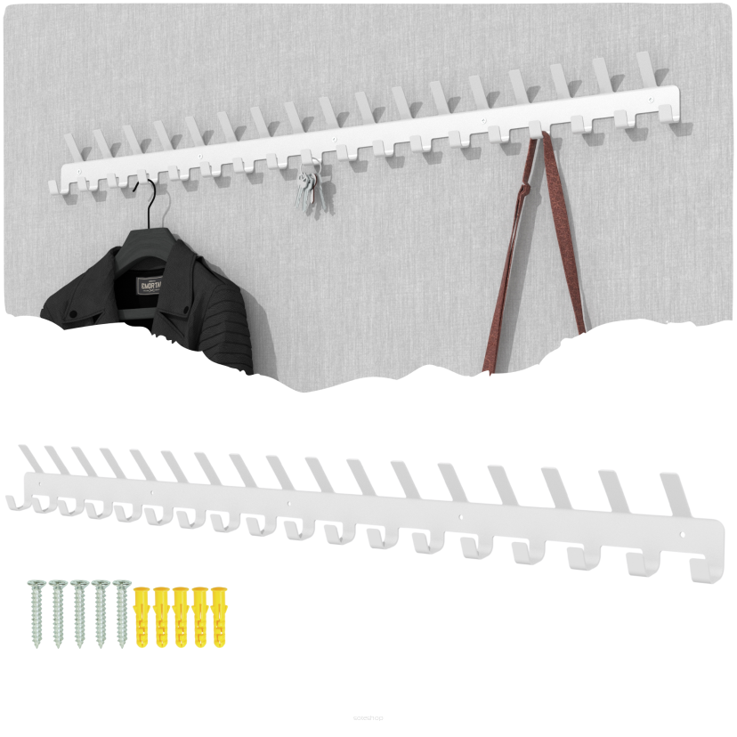 Wieszak 1002 mm z 35 uchwytami, haczykami, kolor biały przykręcany