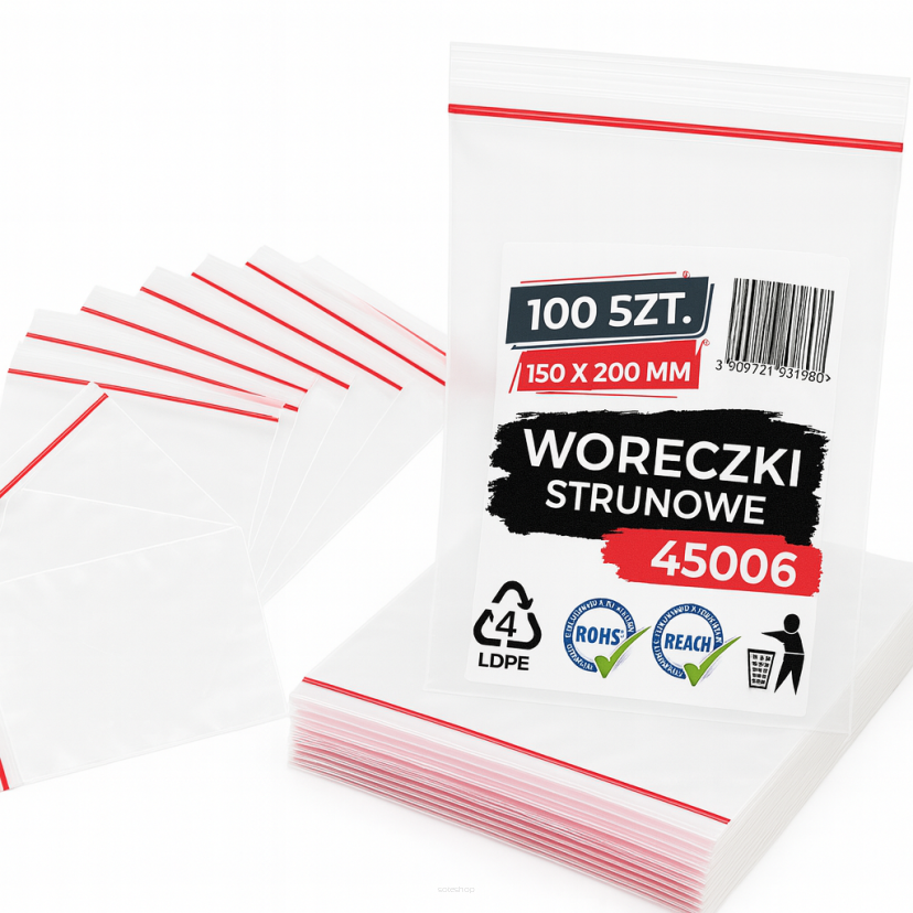Woreczki strunowe 100 sztuk, mocne torebki zamykane 150 x 200 mm, grube 50 mic