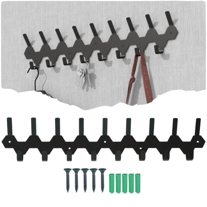 Wieszak 520 mm z 17 uchwytami, haczyk, kolor czarny przykręcany