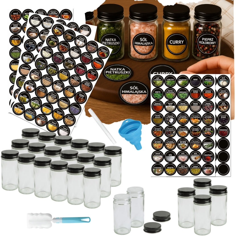 Zestaw 24 okrągłych słoiczków 120 ml na przyprawy do kuchni + naklejki