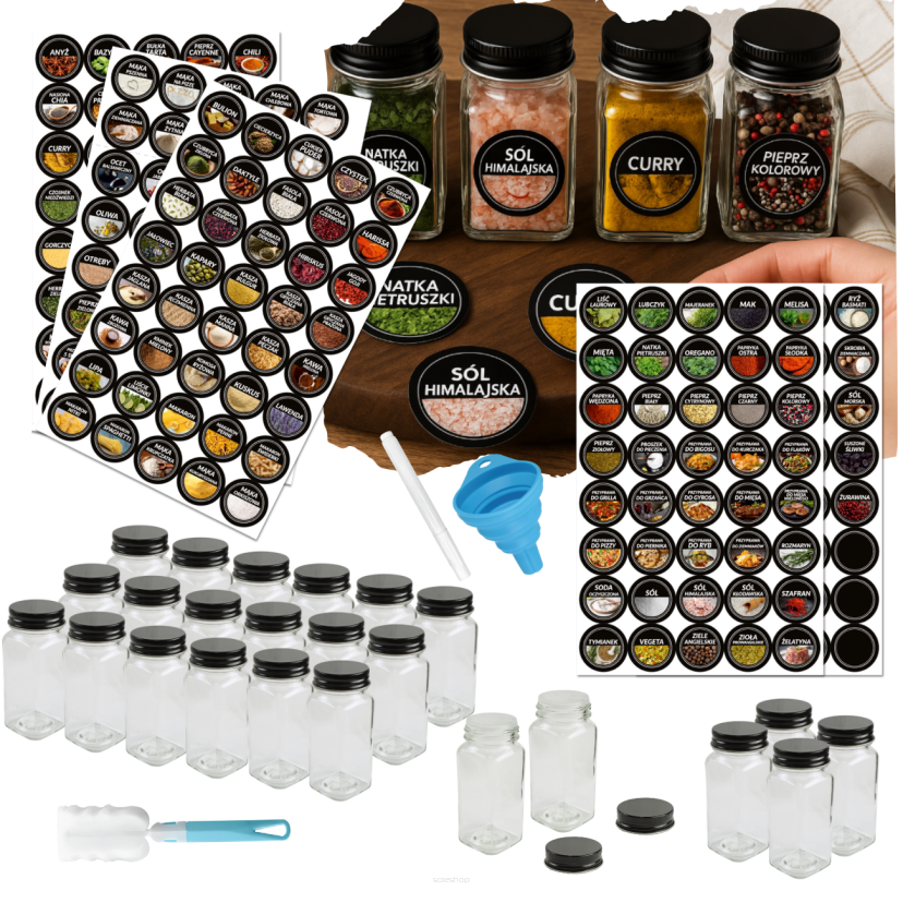 Zestaw 24 kwadratowych słoiczków 120 ml na przyprawy do kuchni + naklejki