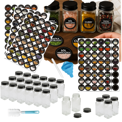 Zestaw 24 kwadratowych słoiczków 120 ml na przyprawy do kuchni + naklejki