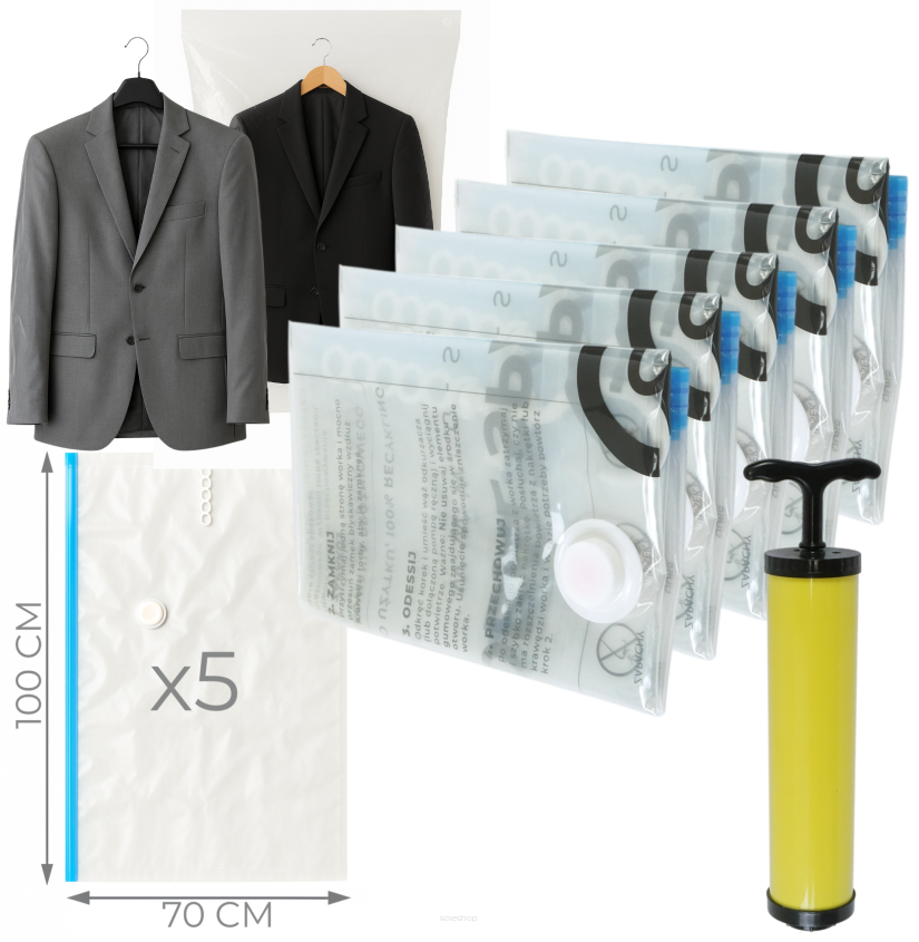 WORKI PRÓŻNIOWE WISZĄCE 100 x 70 CM ZESTAW 5 SZTUK + POMPKA GRATIS, NA UBRANIA, KURTKI, BLUZY, GARNITURY, DO SZAFY, GARAŻU, PIWNICY, NA STRYCH MOCNE GRUBE