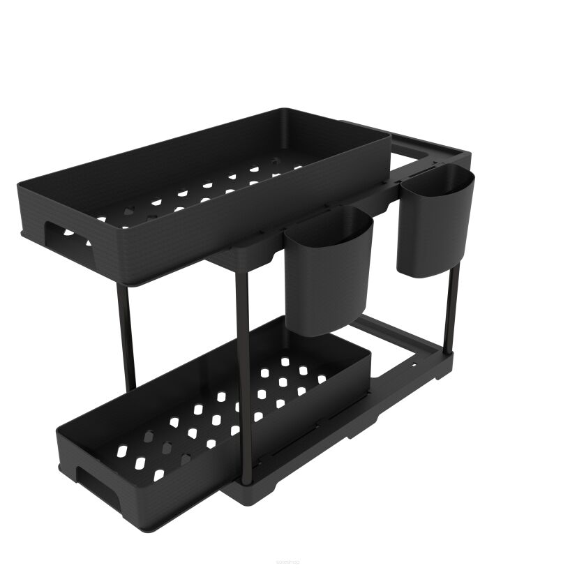 Organizer 2 poziomy do kuchni czarny, pod szafkę z 2 szufladami + 2 kubki i 4 haczyki