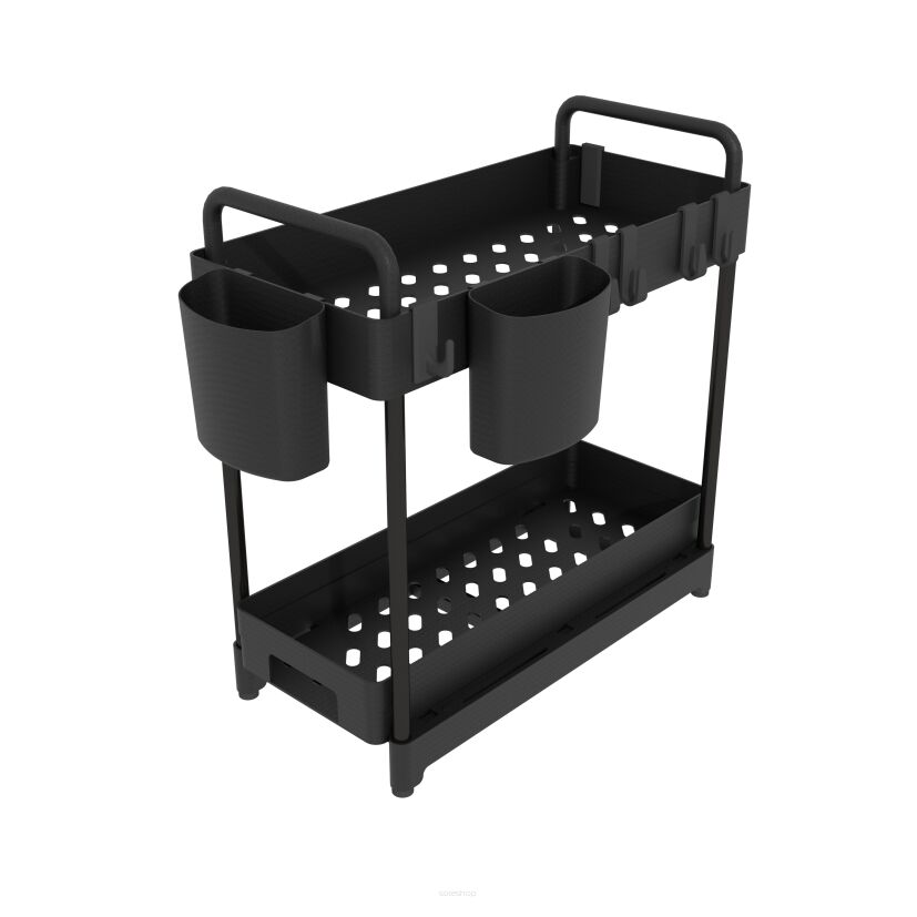 Organizer 2 poziomy do kuchni czarny, pod szafkę z 1 szufladą + 2 kubki i 4 haczyki