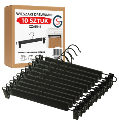 WIESZAK DREWNIANY NA SPODNIE CZARNY ZESTAW X10 WIESZAKI Z KLIPSAMI