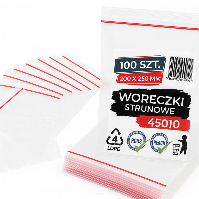 Woreczki strunowe 100 sztuk, mocne torebki zamykane 200 x 250 mm, grube 50 mic