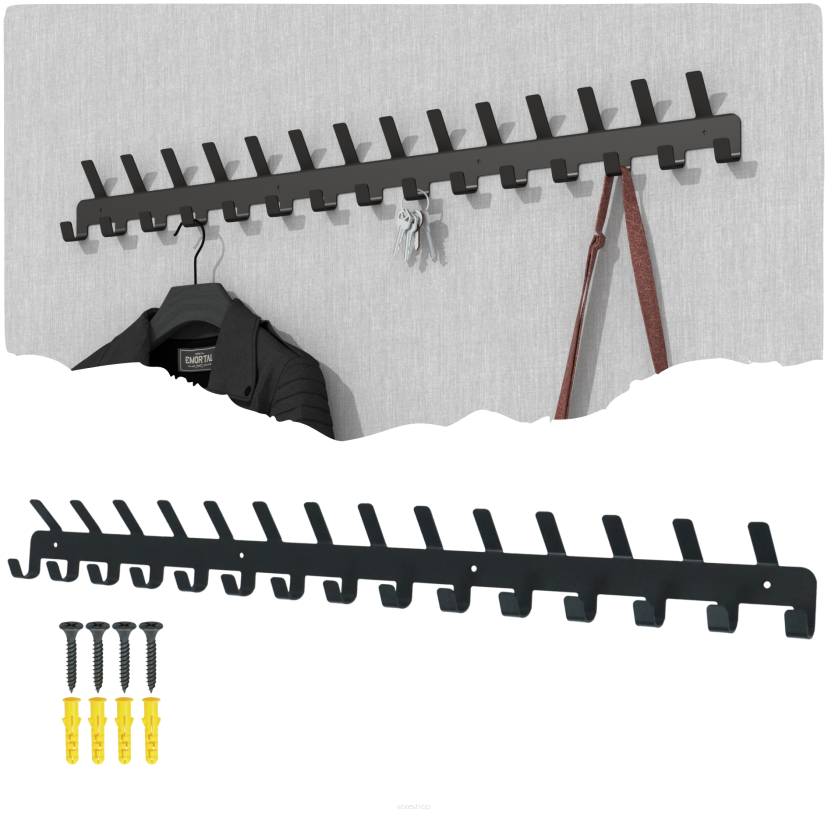 Wieszak 828 mm z 29 uchwytami, haczykami, kolor czarny przykręcany