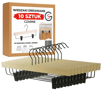 WIESZAK DREWNIANY NA SPODNIE NATURALNY ZESTAW X10 WIESZAKI Z KLIPSAMI