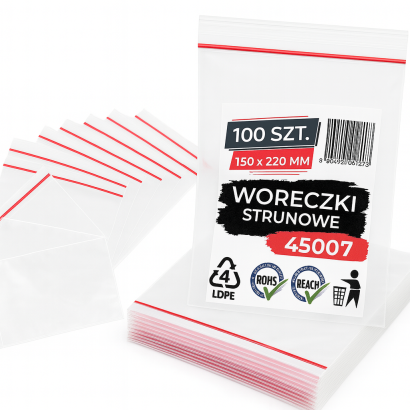 Woreczki strunowe 100 sztuk, mocne torebki zamykane 150 x 220 mm, grube 50 mic